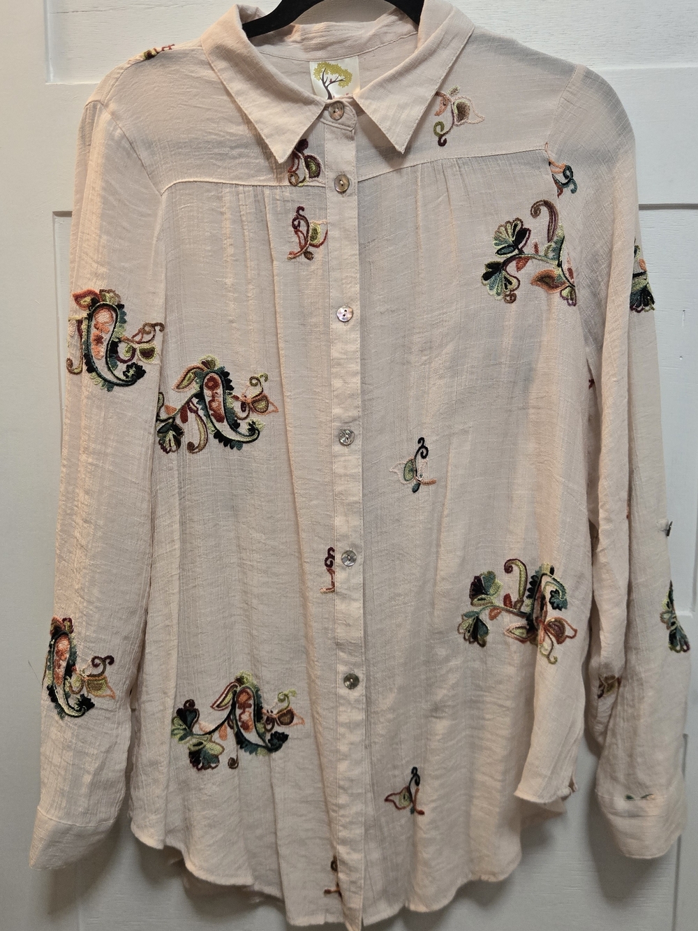Embroidered Cream Button-Front Women's Shirt
